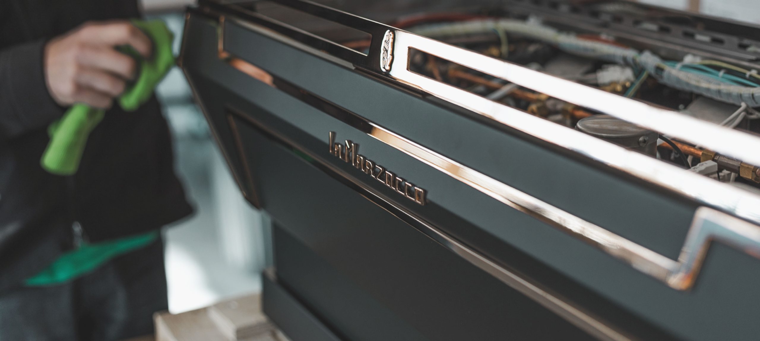 Customised La Marzocco KB90 coffee machine in grey and gold